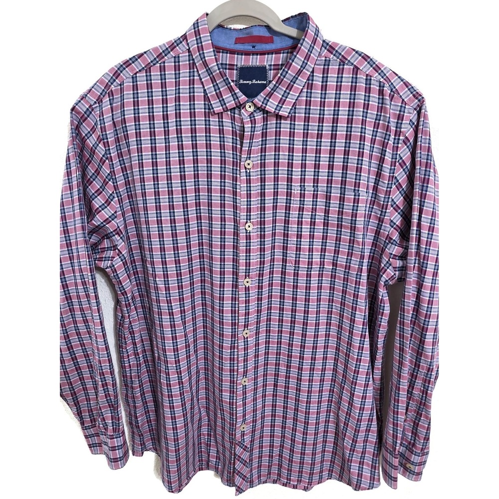Tommy Bahama Mens 2XL Red Blue Plaid Long Sleeve Button Up Cotton Casual Shirt